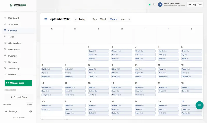 The booking calendar in a web browser.